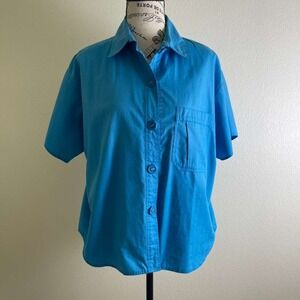 Chaus Vintage Turquoise Blue Short Sleeve Button Up Blouse Top Size 12‎ Box cut